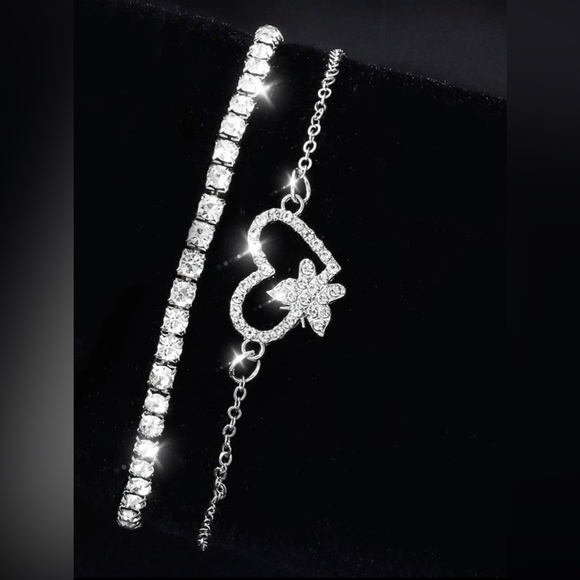 2pcs Rhinestone Butterfly Heart Decor Chain Silver Shiny Bracelet Party Gift - Picture 2 of 3